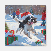 Springer Spaniel Rent Snow met Kerstmuts Magneet (Voorkant)