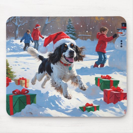 Springer Spaniel Rent Snow met Kerstmuts Muismat (Voorkant)