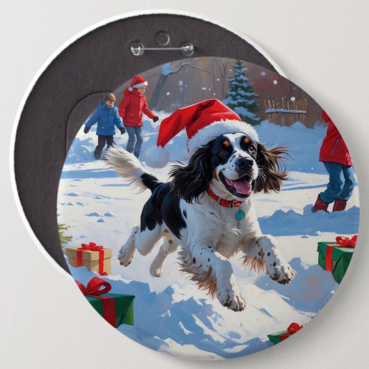 Springer Spaniel Rent Snow met Kerstmuts Ronde Button 6,0 Cm (Voorkant /achterkant)