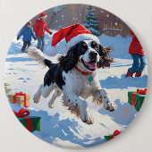 Springer Spaniel Rent Snow met Kerstmuts Ronde Button 6,0 Cm (Voorkant)