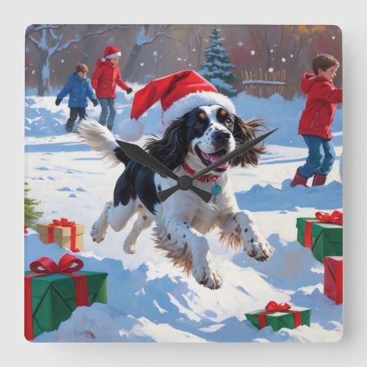 Springer Spaniel Rent Snow met Kerstmuts Vierkante Klok (Voorkant)