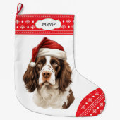 Springer Spaniel Santa Hat Sneeuwvlok Border Grote Kerstsok (Voorkant)