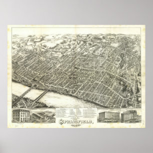 Springfield Mass. 1875 Antiek panoramische kaart Poster