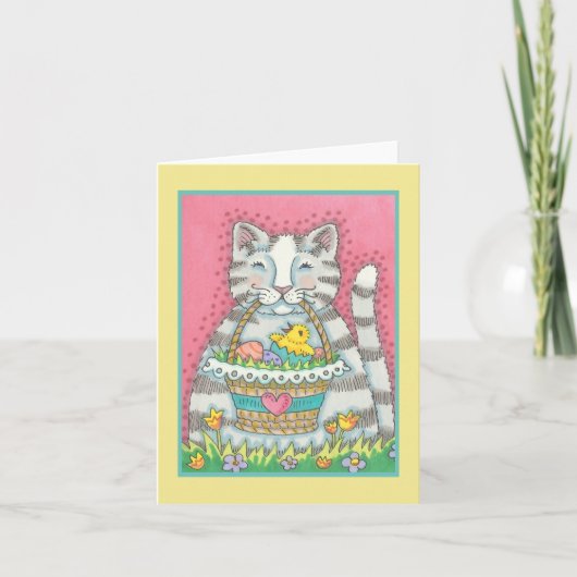 SPRINGKITTEN EN EASTER BASKET, CAT-NOTEKAART leeg Feestdagen Kaart (Voorkant)