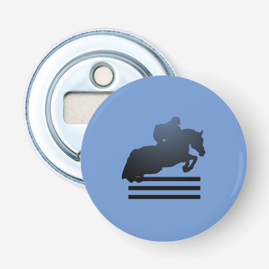 Springruiter die een hindernis neemt. Button Flesopener (Voorkant)