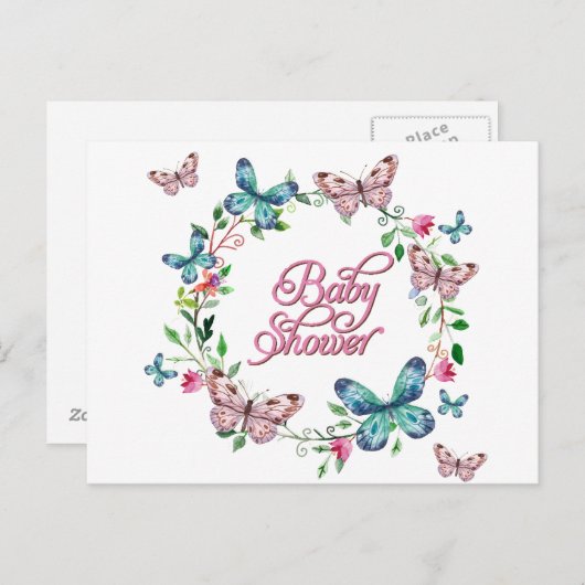 SPRINGSTROOMBUTTERFLY WREATH BABY SHOWER UITNODIGING BRIEFKAART (Voorkant / Achterkant)