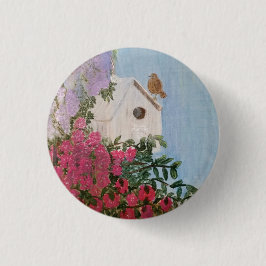 Springtime Birdhouse Pin Button