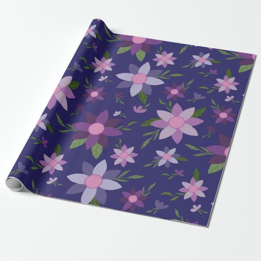 Springtime Bloemen patroon op blauwe achtergrond Cadeaupapier (Uitgerold)