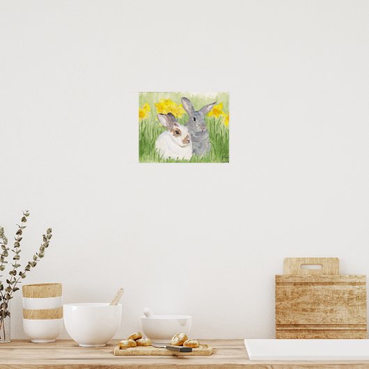 Springtime-Bunnies in Flowers Poster (Keuken)