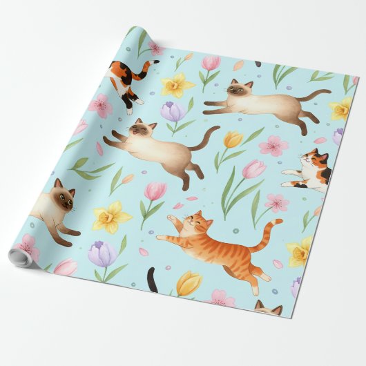 Springtime Cat Parade – Leaping Felines & Blossoms Cadeaupapier (Uitgerold)
