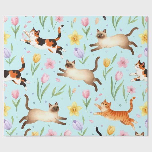 Springtime Cat Parade – Leaping Felines & Blossoms Cadeaupapier (Vlak)