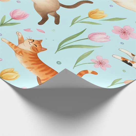 Springtime Cat Parade – Leaping Felines & Blossoms Cadeaupapier (Hoek)