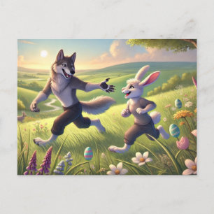 Springtime Chase - Speelse Wolf en Konijn Pasen Feestdagenkaart