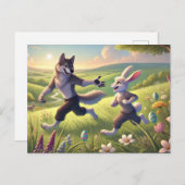 Springtime Chase - Speelse Wolf en Konijn Pasen Feestdagenkaart (Voorkant / Achterkant)