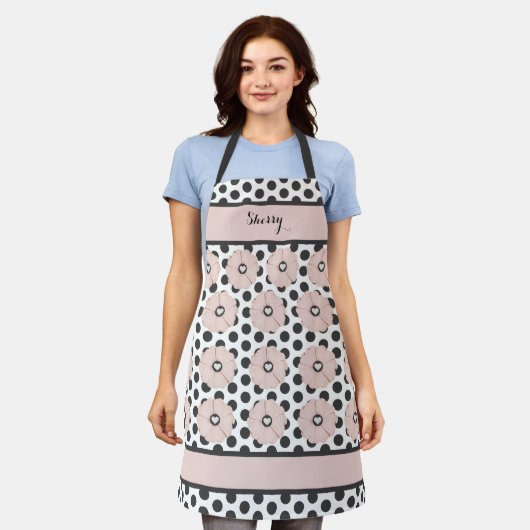 Springtime Cheery Pink Floral Polka Dot Apron Schort (Gedragen)