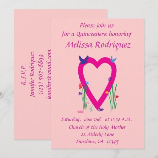 SpringTime Heart Quinceañera Uitnodiging (Voorkant / Achterkant)