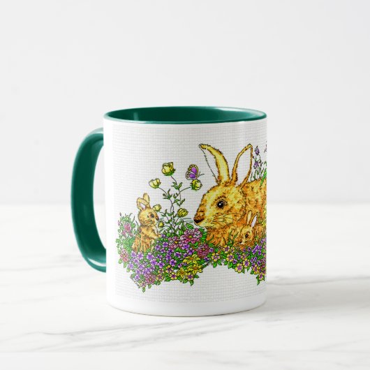 Springtime konijntjes in een bloemenveld mok (Voorkant links)