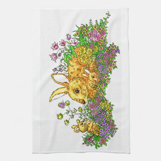 Springtime konijntjes in een bloemenveld theedoek (Verticaal)