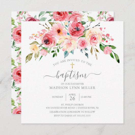 Springtime Peonies Roos Floral Baptisme Invitation Kaart (Voorkant / Achterkant)