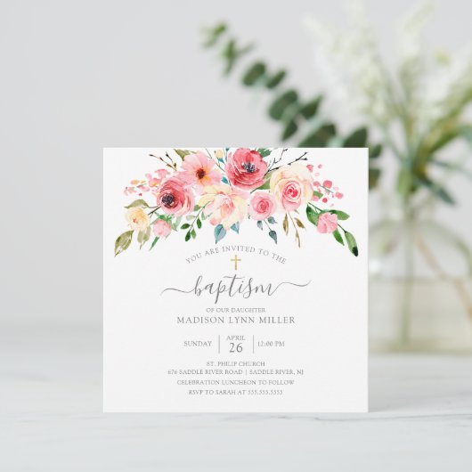 Springtime Peonies Roos Floral Baptisme Invitation Kaart (Staand voorkant)