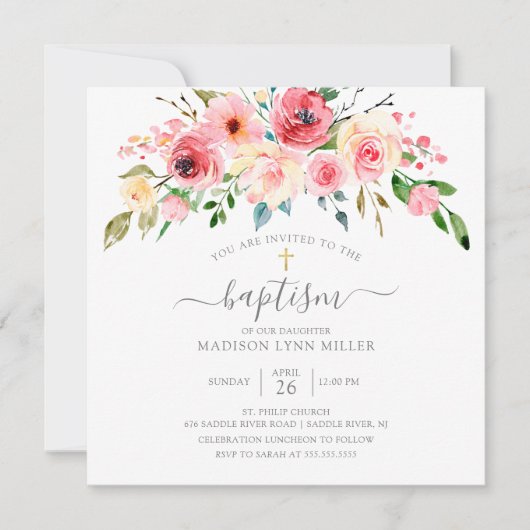 Springtime Peonies Roos Floral Baptisme Invitation Kaart (Voorkant)