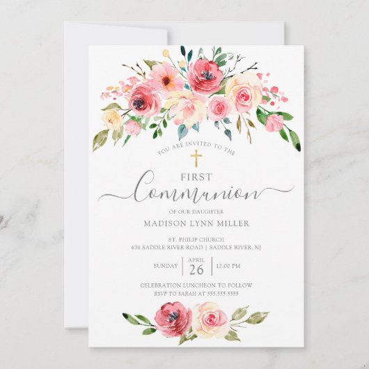 Springtime pioenen Roos Floral Eerste Communie Kaart (Voorkant)