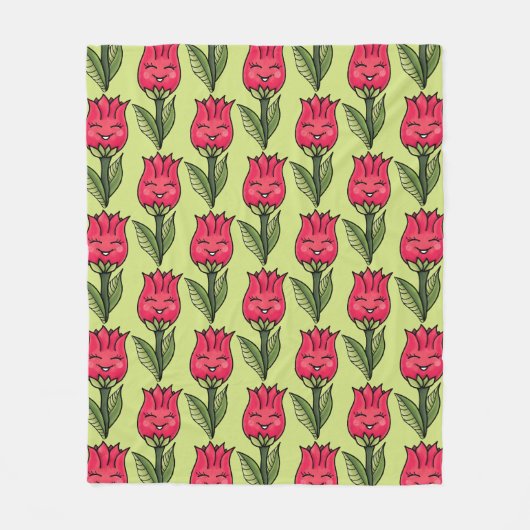 Springtime Tulip Flowers Pattern Red Green Cute Fleece Deken (Voorkant)