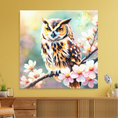 Springtime Uil, roze bloesems Canvas Afdruk (Insitu (Woonkamer))