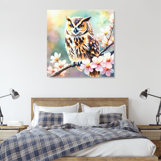 Springtime Uil, roze bloesems Canvas Afdruk (Insitu (Slaapkamer))