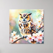 Springtime Uil, roze bloesems Canvas Afdruk (Voorkant)