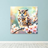 Springtime Uil, roze bloesems Canvas Afdruk (Insitu (Houten vloer))