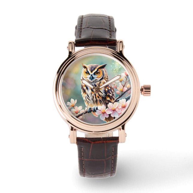 Springtime Uil, roze bloesems Horloge (Voorkant)