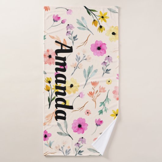 Springtime-Waterverf Floral - Persoonlijke naam Badhanddoek (Badhanddoek)