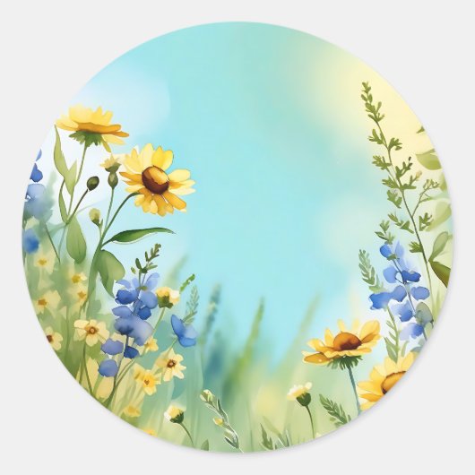 Springtime Wildflowers in zacht blauw Ronde Sticker (Voorkant)