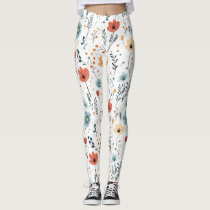 Springtime Wildflowers Patroon, Rust, Tan, Blauw Leggings