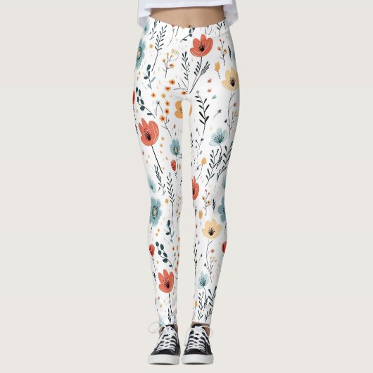 Springtime Wildflowers Patroon, Rust, Tan, Blauw Leggings (Voorkant)