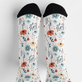 Springtime Wildflowers Patroon, Rust, Tan, Blauw Sokken