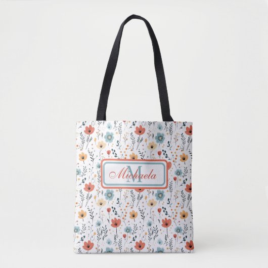 Springtime Wildflowers Patroon, Rust, Tan, Blauw Tote Bag (Voorkant)