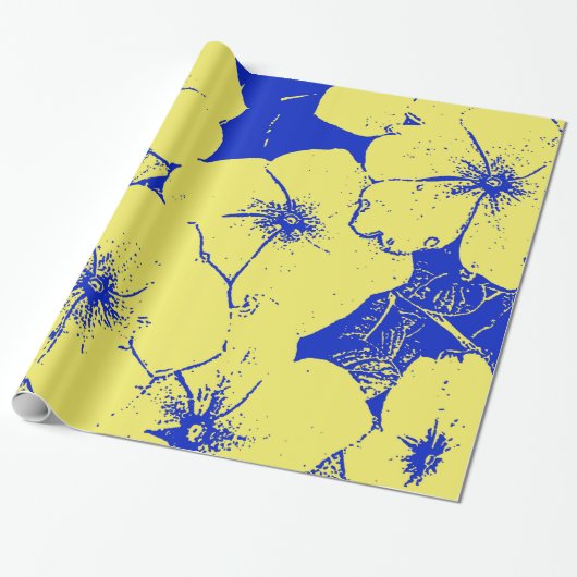 Springy Big Yellow Blue Floral Cadeaupapier (Uitgerold)