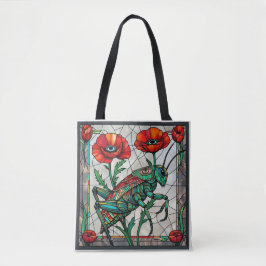 Sprinkhaan krekel gebrandschilderde klaproos bloem tote bag