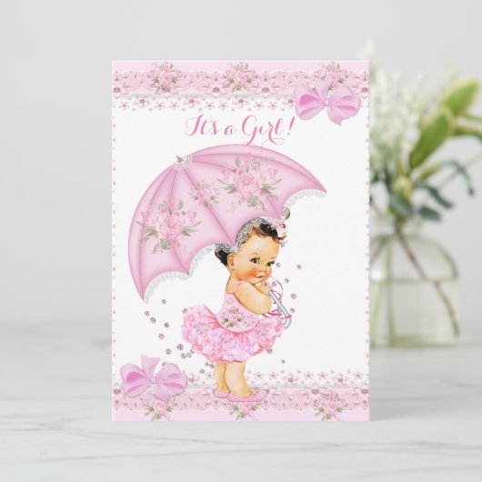 Sprinkle Baby shower Girl Floral Pink Umbrella Kaart (Staand voorkant)