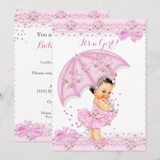 Sprinkle Baby shower Girl Floral Pink Umbrella Kaart (Voorkant / Achterkant)