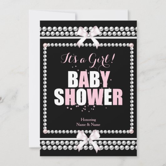 Sprinkle Baby shower Girl Pink Pearls Black Kaart (Voorkant)