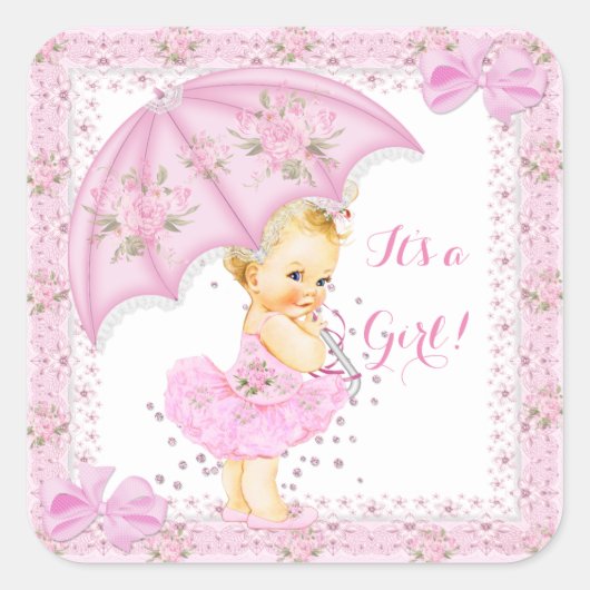 Sprinkle Baby shower Meisje Bloemen Roze Blond Vierkante Sticker (Voorkant)