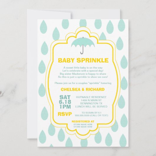 Sprinkle Baby shower nodigt Raindrop blauwgroen ge Kaart (Voorkant)