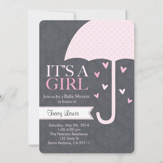 Sprinkle-Baby shower Uitnodiging in roze en grijs (Voorkant)