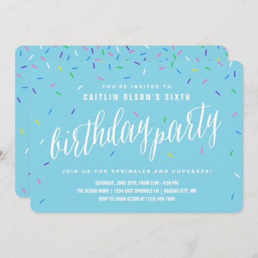 Sprinkle Birthday Party Invitations | Blauw Kaart (Voorkant / Achterkant)