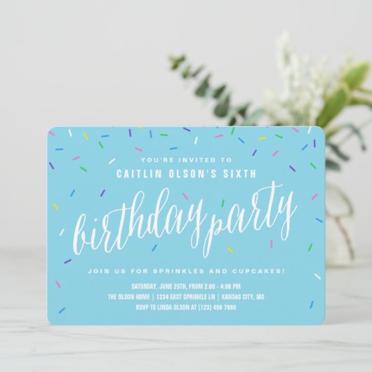 Sprinkle Birthday Party Invitations | Blauw Kaart (Staand voorkant)