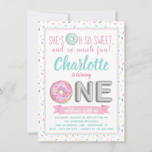 Sprinkle Donut Folie Balloon 1e Verjaardagsfeest Kaart (Voorkant)