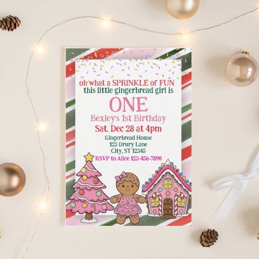 Sprinkle Gingerbread, Pink Holiday 1st Birthday Kaart